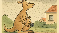 Witz: Hoffentlich regnet’s nicht, seufzt Kängurumutter